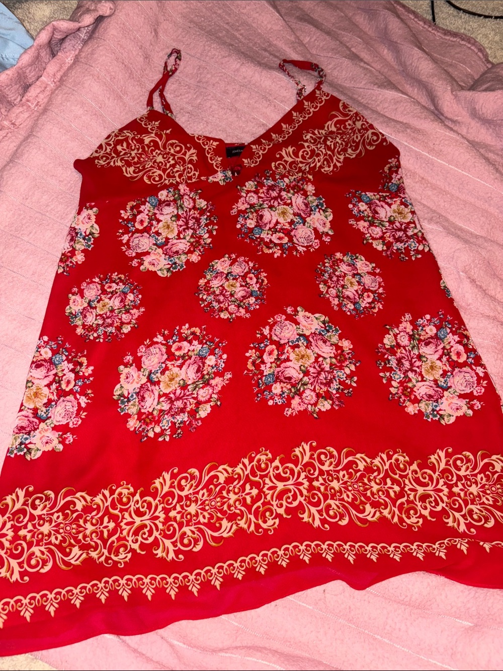 Jones New York Red Floral Slip Dress with Gold Accents